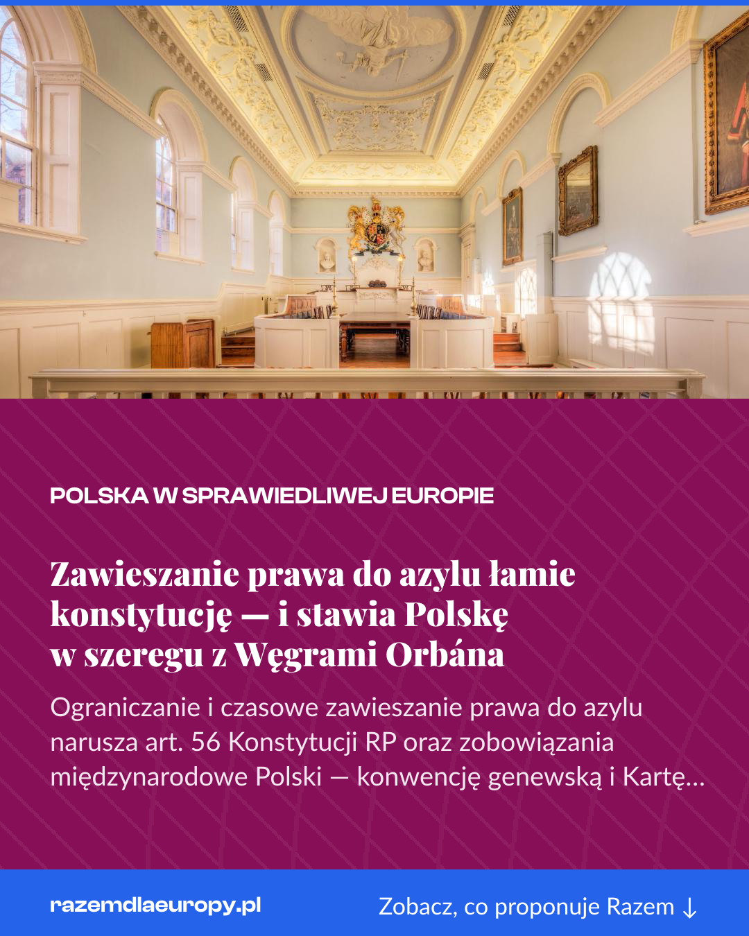 Grafika pionowa do udostępnienia: Zawieszanie prawa do azylu łamie konstytucję — i stawia Polskę w szeregu z Węgrami Orbána