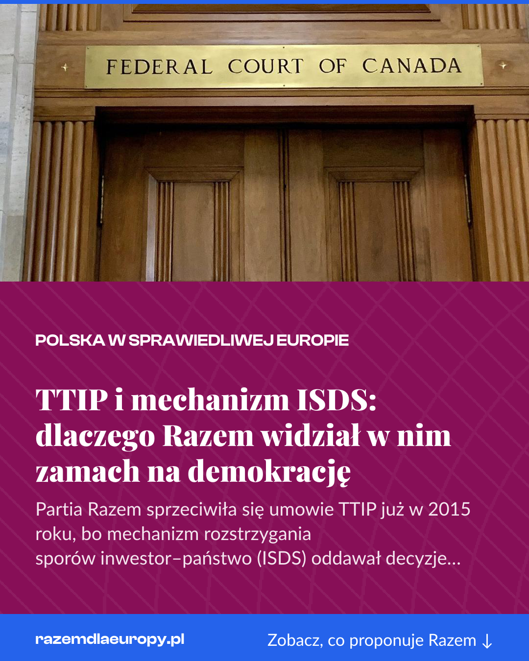 Grafika pionowa do udostępnienia: TTIP i mechanizm ISDS: dlaczego Razem widział w nim zamach na demokrację